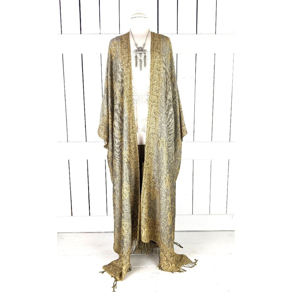 Maxi grey and beige paisley pashmina kimono cover up fringe jacket READY TO SHIP